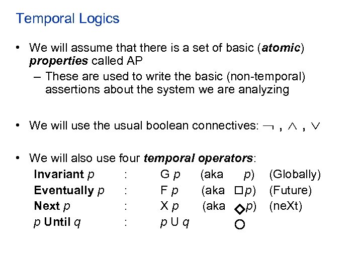 Temporal Logics • We will assume that there is a set of basic (atomic)