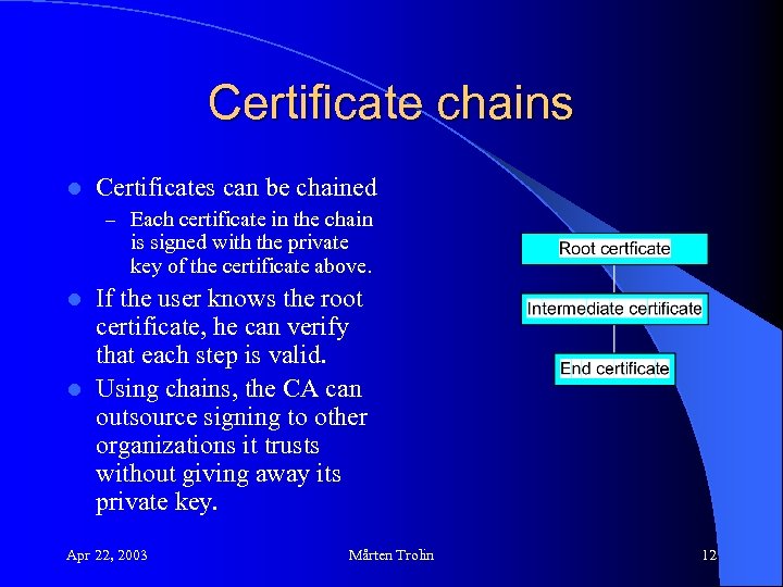 Certificate chains l Certificates can be chained – Each certificate in the chain is