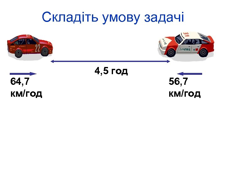 Складіть умову задачі 64, 7 км/год 4, 5 год 56, 7 км/год 