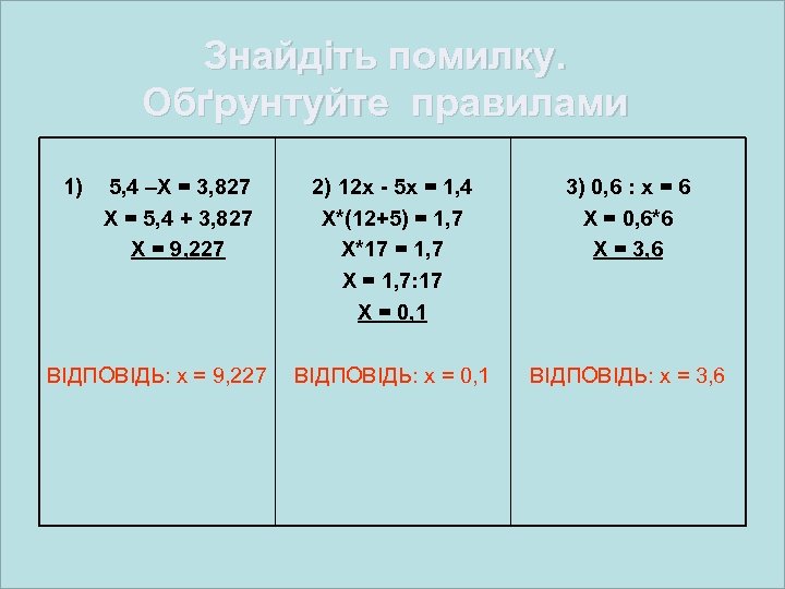 Знайдіть помилку. Обґрунтуйте правилами 1) 5, 4 –Х = 3, 827 X = 5,