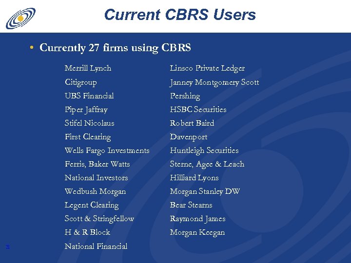 Current CBRS Users • Currently 27 firms using CBRS Linsco Private Ledger Citigroup Janney