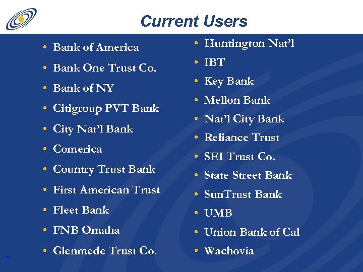 Current Users • Bank of America • Huntington Nat’l • Bank One Trust Co.