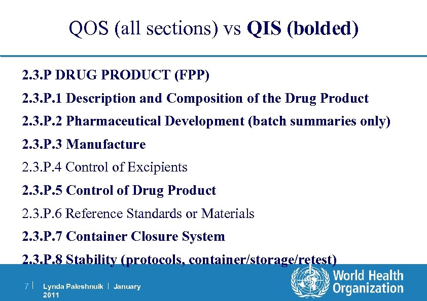 QOS (all sections) vs QIS (bolded) 2. 3. P DRUG PRODUCT (FPP) 2. 3.