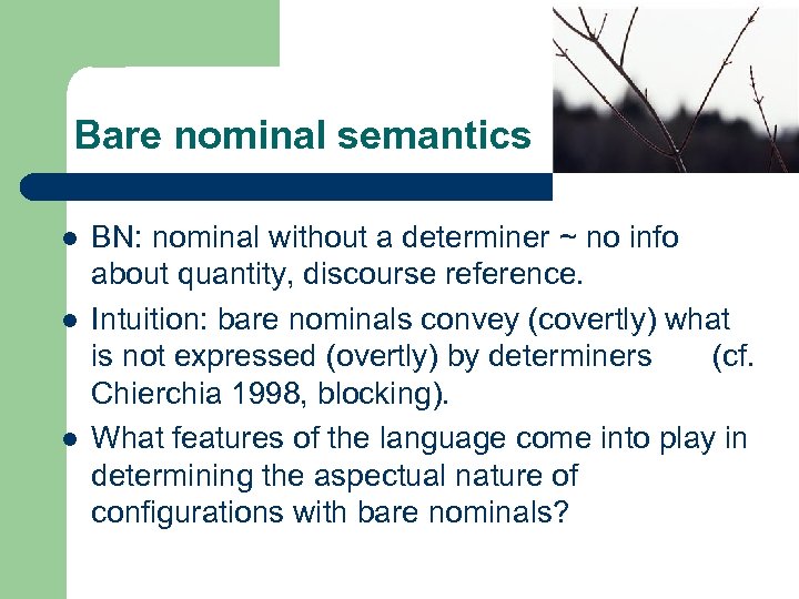 Bare nominal semantics l l l BN: nominal without a determiner ~ no info