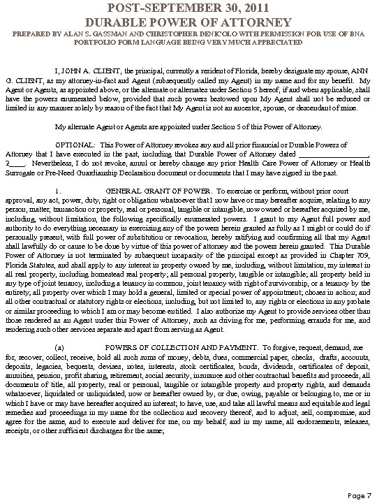 POST-SEPTEMBER 30, 2011 DURABLE POWER OF ATTORNEY PREPARED BY ALAN S. GASSMAN AND CHRISTOPHER
