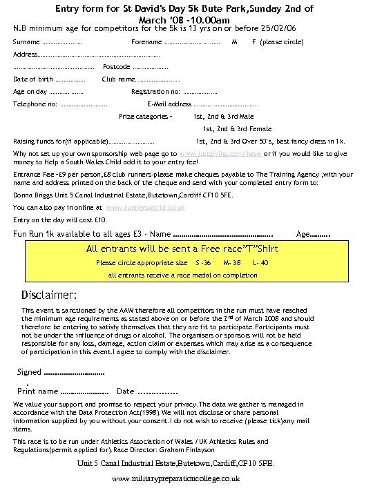 Entry form for St David's Day 5 k Bute Park, Sunday 2 nd of