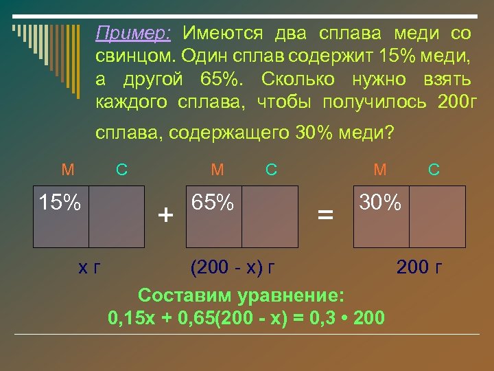 Пример: Имеются два сплава меди со свинцом. Один сплав содержит 15% меди, а другой