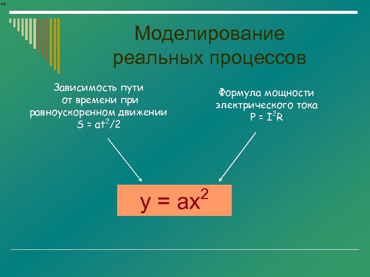 Моделирование реальных процессов Зависимость пути от времени при равноускоренном движении S = at 2/2