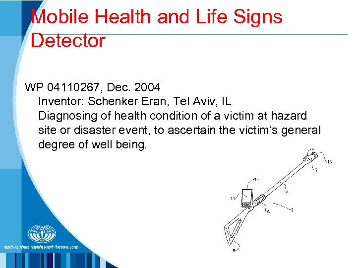 Mobile Health and Life Signs Detector WP 04110267, Dec. 2004 Inventor: Schenker Eran, Tel