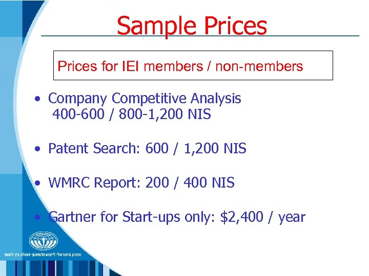 Sample Prices for IEI members / non-members • Company Competitive Analysis 400 -600 /