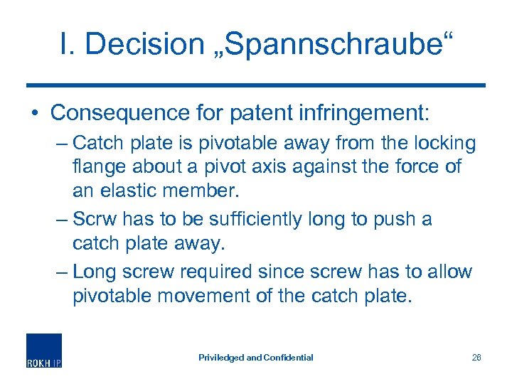 I. Decision „Spannschraube“ • Consequence for patent infringement: – Catch plate is pivotable away