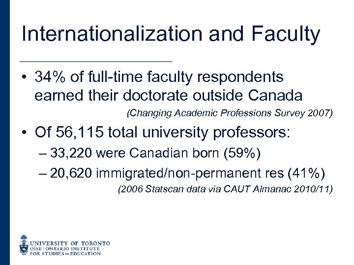 Internationalization and Faculty • 34% of full-time faculty respondents earned their doctorate outside Canada
