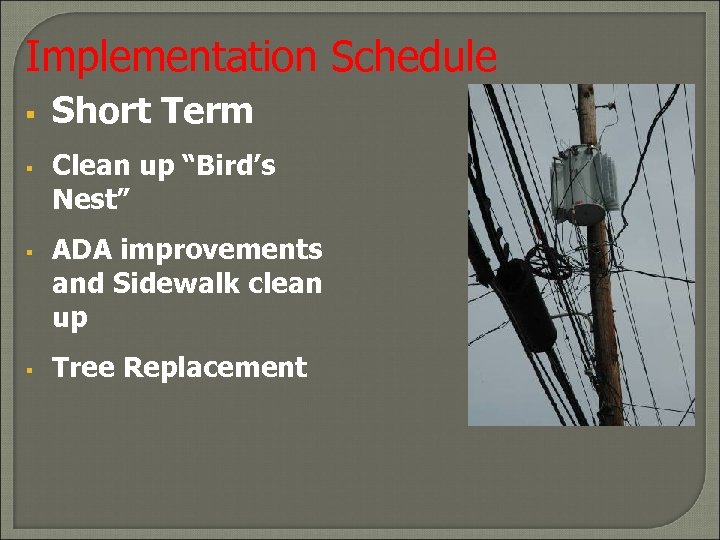 Implementation Schedule § § Short Term Clean up “Bird’s Nest” ADA improvements and Sidewalk