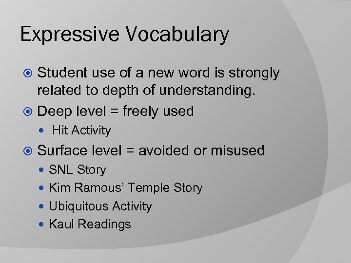 Expressive Vocabulary Student use of a new word is strongly related to depth of