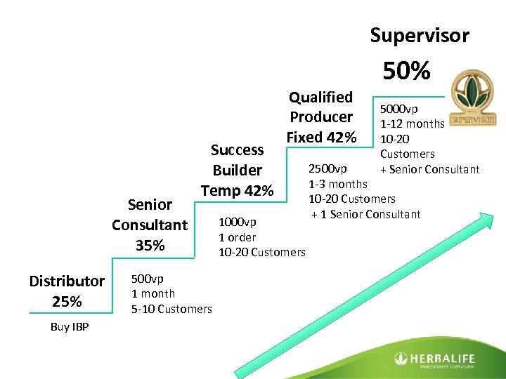 Supervisor Senior Consultant 35% Distributor 25% Buy IBP Success Builder Temp 42% 500 vp