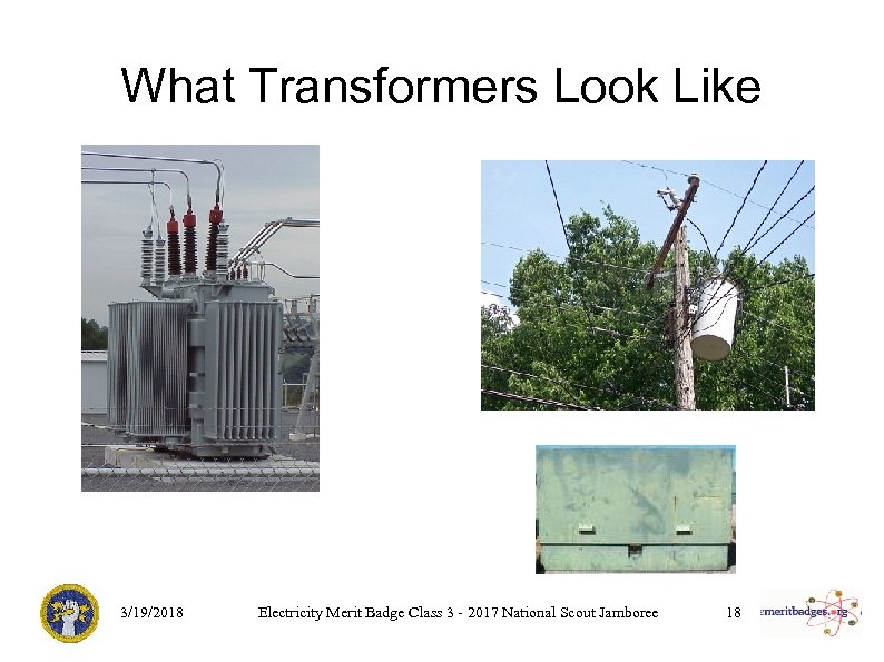 What Transformers Look Like 3/19/2018 Electricity Merit Badge Class 3 - 2017 National Scout