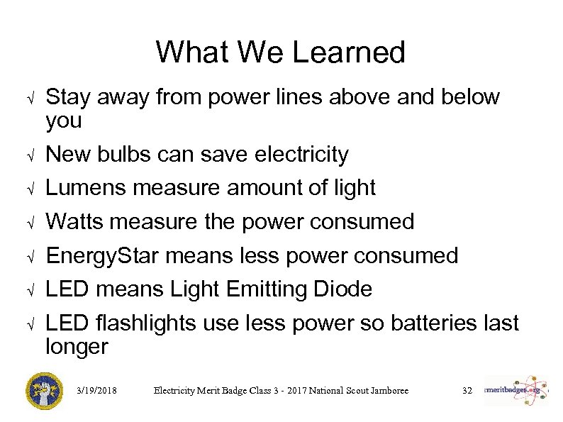 What We Learned √ √ √ √ Stay away from power lines above and