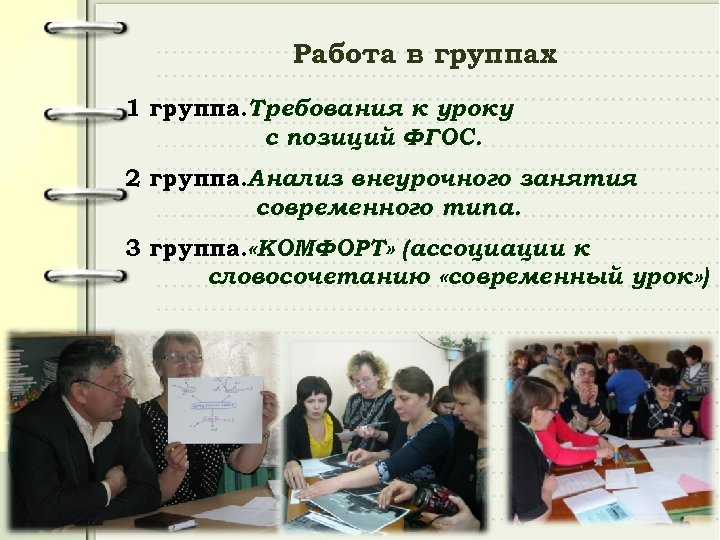 Работа в группах 1 группа. Требования к уроку с позиций ФГОС. 2 группа. Анализ
