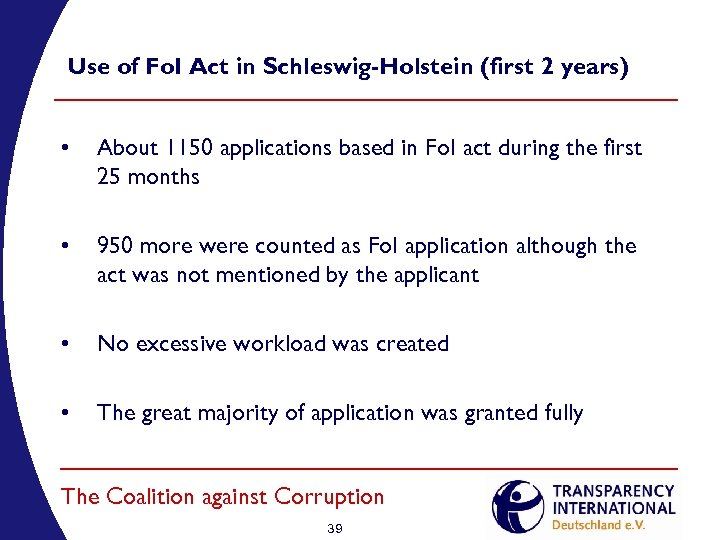 Use of Fo. I Act in Schleswig-Holstein (first 2 years) • About 1150 applications