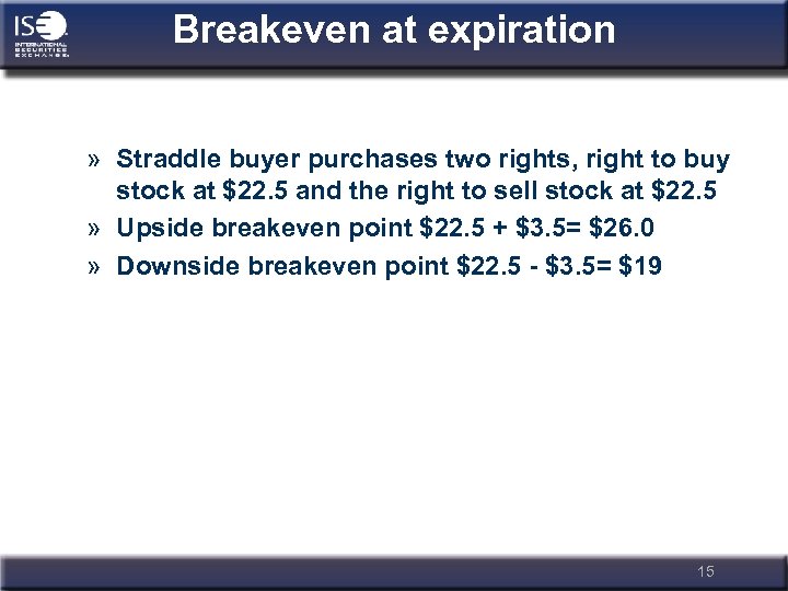 Breakeven at expiration » Straddle buyer purchases two rights, right to buy stock at