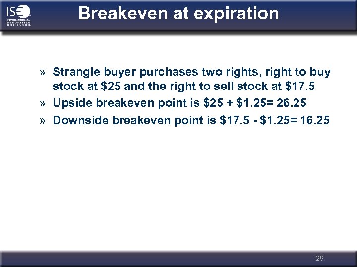 Breakeven at expiration » Strangle buyer purchases two rights, right to buy stock at