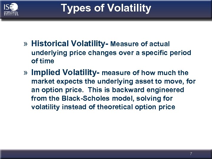 Types of Volatility » Historical Volatility- Measure of actual underlying price changes over a