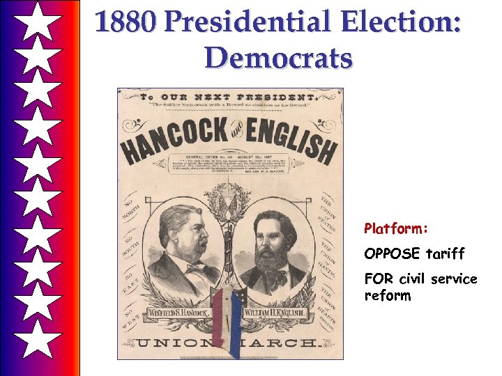 1880 Presidential Election: Democrats Platform: OPPOSE tariff FOR civil service reform 