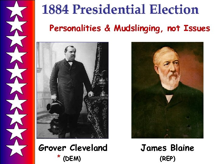 1884 Presidential Election Personalities & Mudslinging, not Issues Grover Cleveland * (DEM) James Blaine