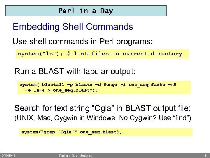 Perl in a Day Embedding Shell Commands Use shell commands in Perl programs: system(
