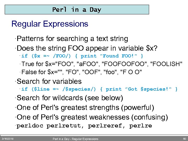 Perl in a Day Regular Expressions ·Patterns for searching a text string ·Does the
