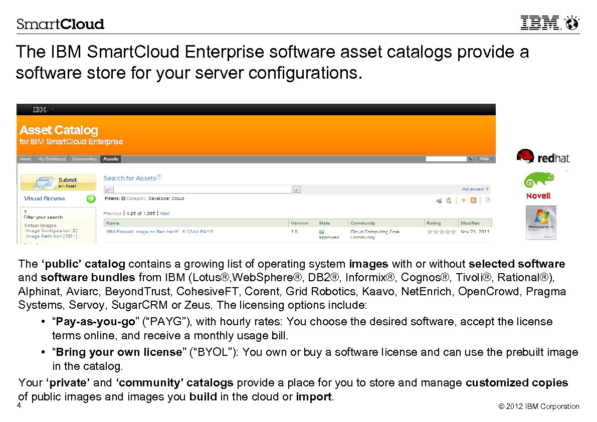 The IBM Smart. Cloud Enterprise software asset catalogs provide a software store for your