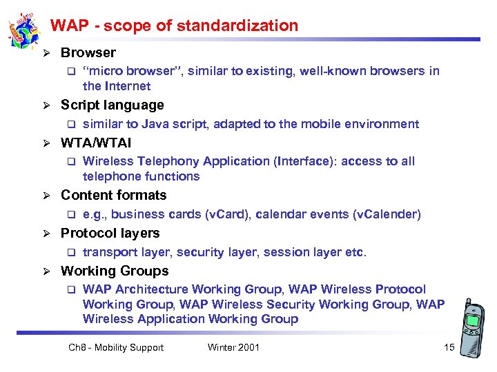 WAP - scope of standardization Ø Browser q Ø Script language q Ø e.