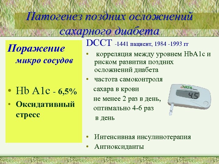 Патогенез поздних осложнений сахарного диабета Поражение микро сосудов • Hb A 1 c -
