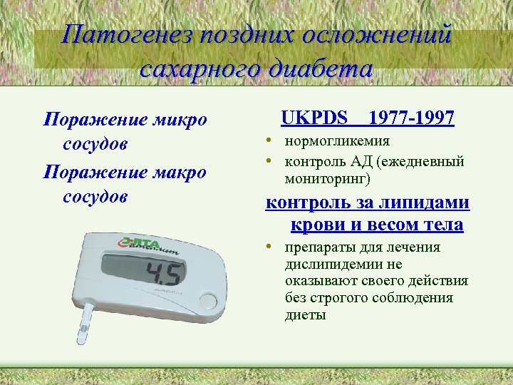 Патогенез поздних осложнений сахарного диабета Поражение микро сосудов Поражение макро сосудов UKPDS 1977 -1997