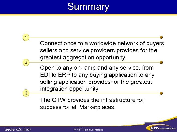 Summary 1 2 3 Connect once to a worldwide network of buyers, sellers and