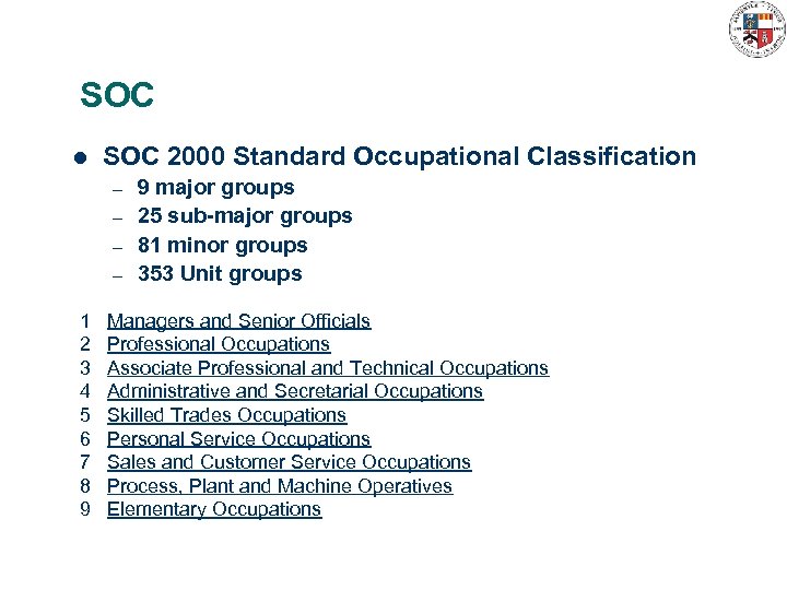 SOC l SOC 2000 Standard Occupational Classification – – 9 major groups 25 sub-major