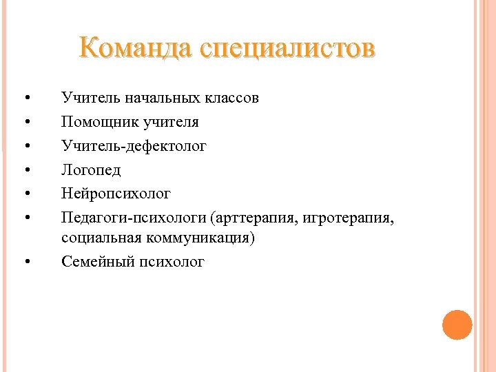 Команда специалистов • • Учитель начальных классов Помощник учителя Учитель-дефектолог Логопед Нейропсихолог Педагоги-психологи (арттерапия,