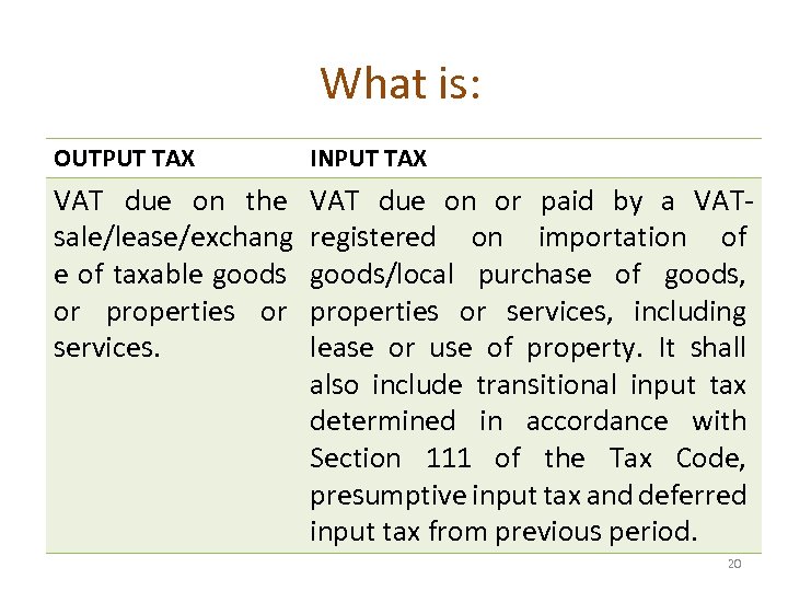 What is: OUTPUT TAX INPUT TAX VAT due on the sale/lease/exchang e of taxable