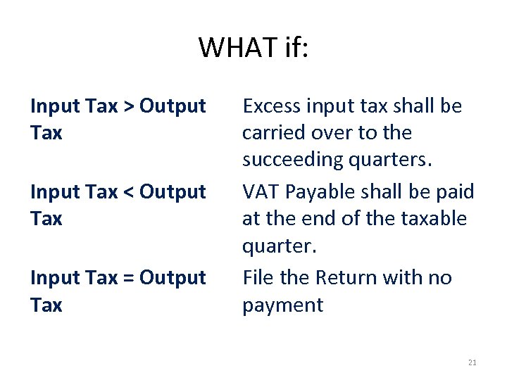 WHAT if: Input Tax > Output Tax Input Tax < Output Tax Input Tax