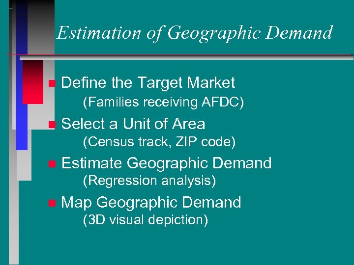 Estimation of Geographic Demand n Define the Target Market (Families receiving AFDC) n Select