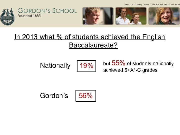 In 2013 what % of students achieved the English Baccalaureate? Nationally 19% Gordon’s 56%