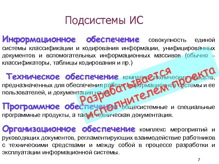 Подсистемы ИС Информационное обеспечение совокупность единой системы классификации и кодирования информации, унифицированных документов и