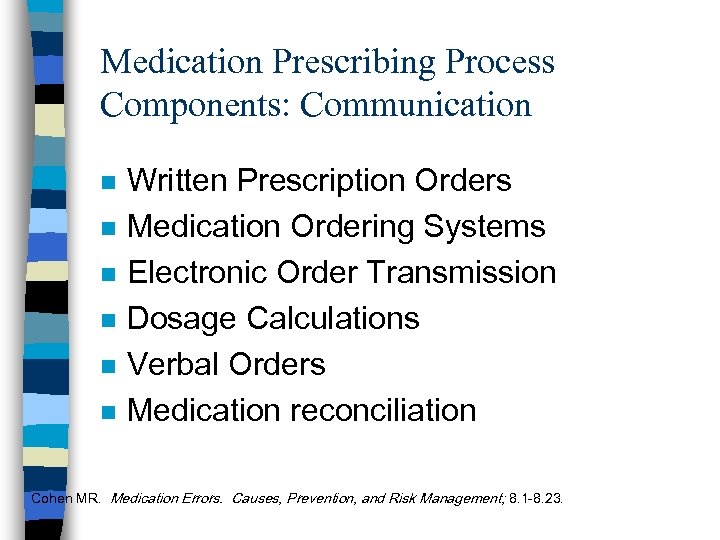 Medication Prescribing Process Components: Communication n n n Written Prescription Orders Medication Ordering Systems