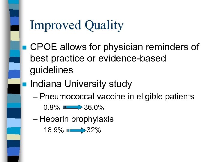 Improved Quality n n CPOE allows for physician reminders of best practice or evidence-based