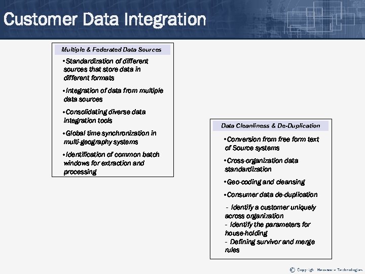 Customer Data Integration Multiple & Federated Data Sources • Standardization of different sources that