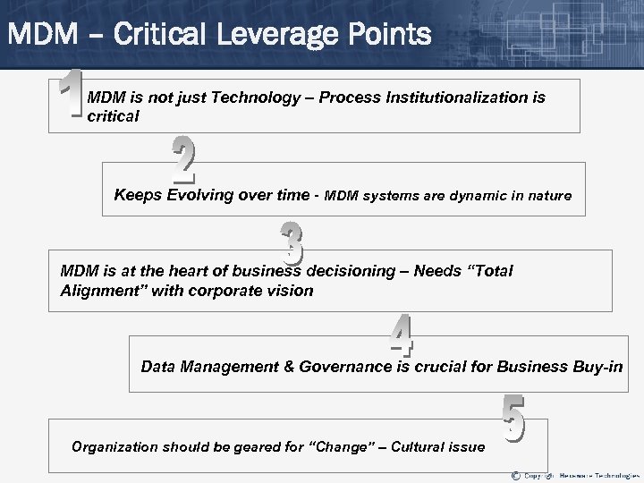MDM – Critical Leverage Points MDM is not just Technology – Process Institutionalization is