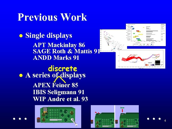 Previous Work l Single displays APT Mackinlay 86 SAGE Roth & Mattis 91 ANDD