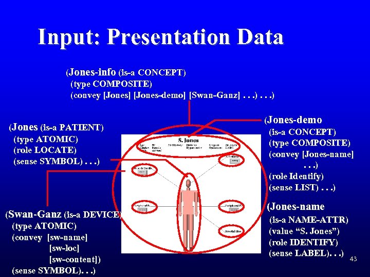 Input: Presentation Data (Jones-info (is-a CONCEPT) (type COMPOSITE) (convey [Jones] [Jones-demo] [Swan-Ganz]. . .