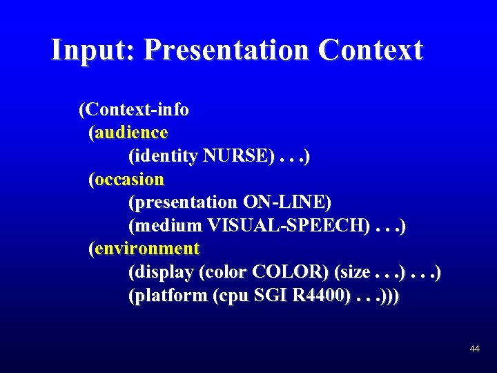 Input: Presentation Context (Context-info (audience (identity NURSE). . . ) (occasion (presentation ON-LINE) (medium