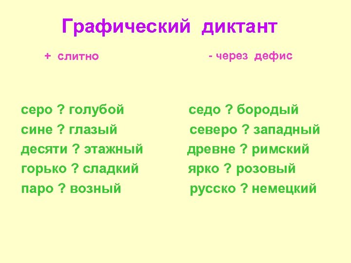 Графический диктант + слитно серо ? голубой сине ? глазый десяти ? этажный горько